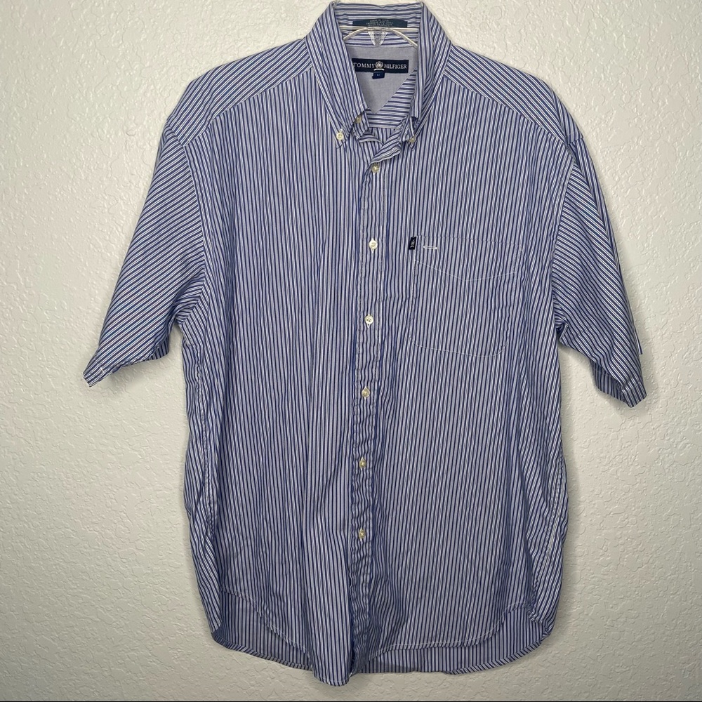 Tommy Hilfiger Blue Striped Medium Button Up Shirt Short Sleeve Casual Nautical
